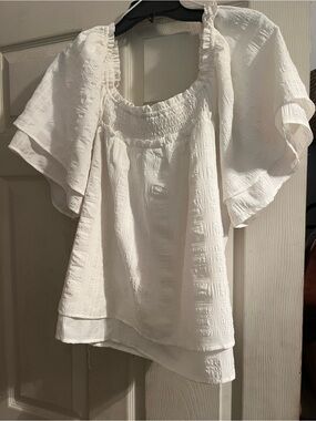 mittoshop White Ruffled Flutter-Sleeve Smocked-Neck Blouse